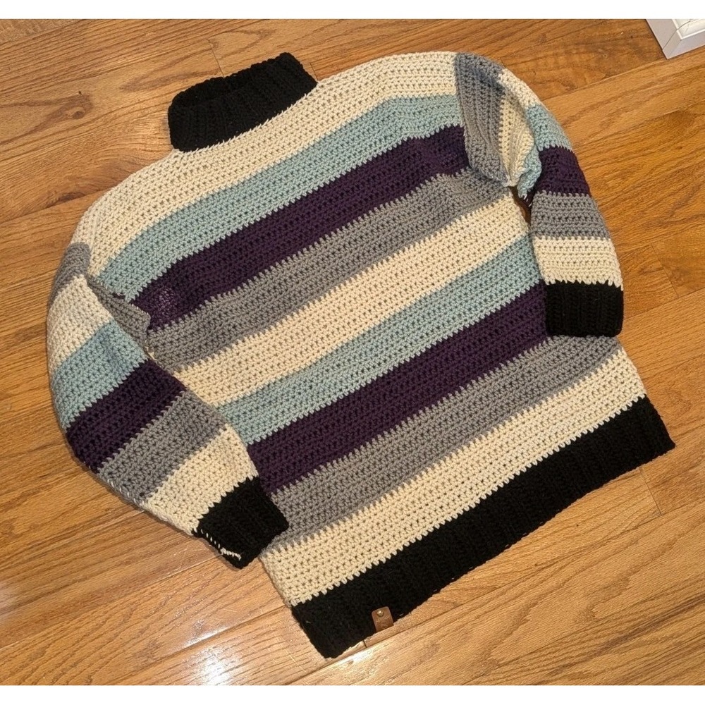 Handmade Crochet Striped Turtleneck Sweater Chunky Artisan Boho Pullover